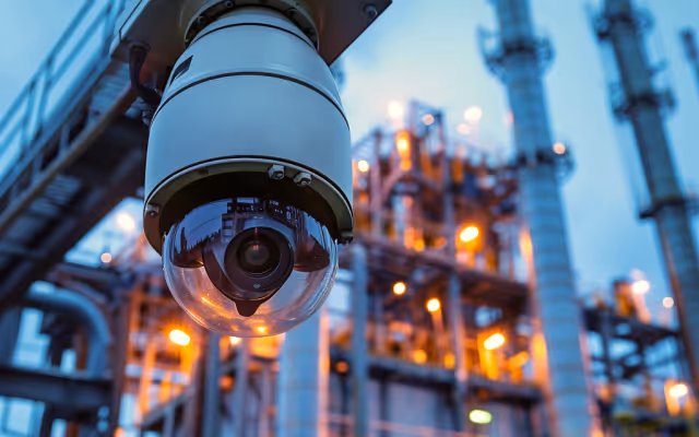 Close-up of a security camera with an industrial facility blurred in the background during dusk.