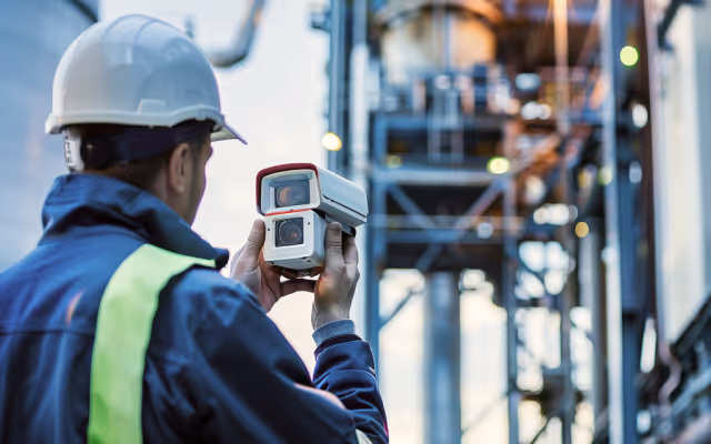 Engineer in a white hard hat and safety vest using a handheld infrared thermal camera at an industrial facility.