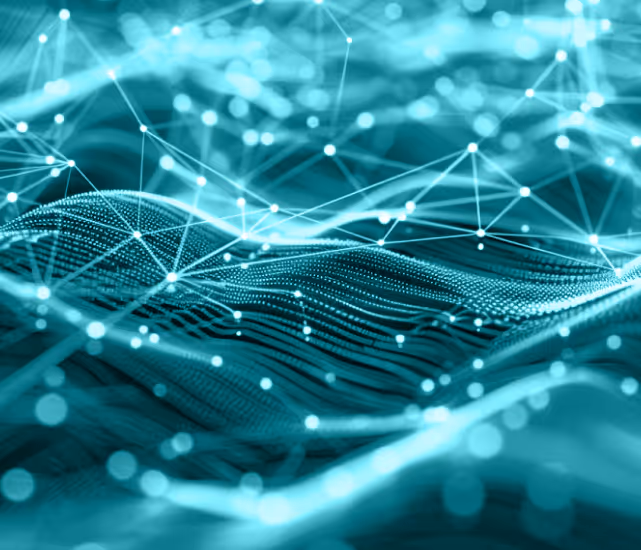 Abstract digital wave landscape with interconnected nodes and flowing lines representing data network or technology.