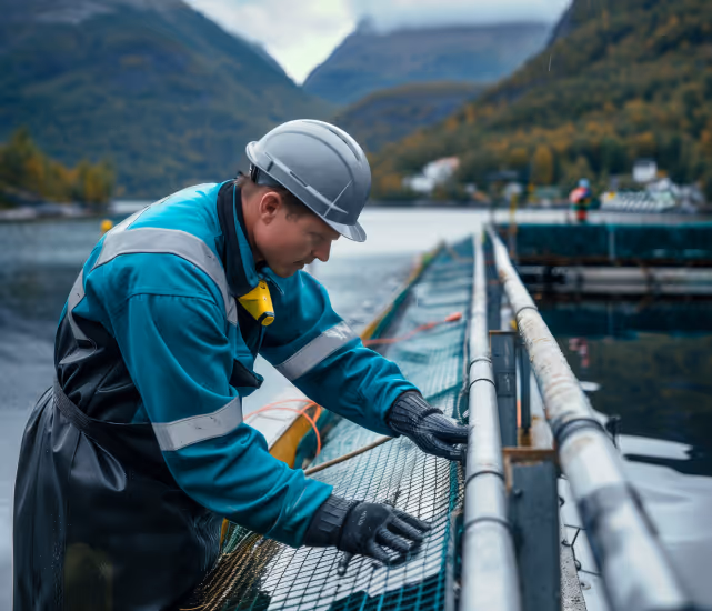 Worker in protective gear inspecting a fish farming cage in a fjord surrounded by mountains.