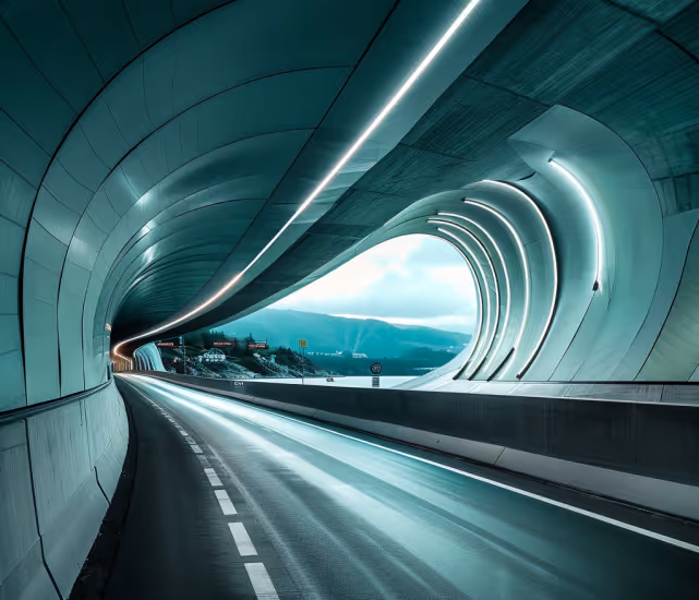 Curved, futuristic highway tunnel with illuminated white lights and mountainous landscape visible through the opening.