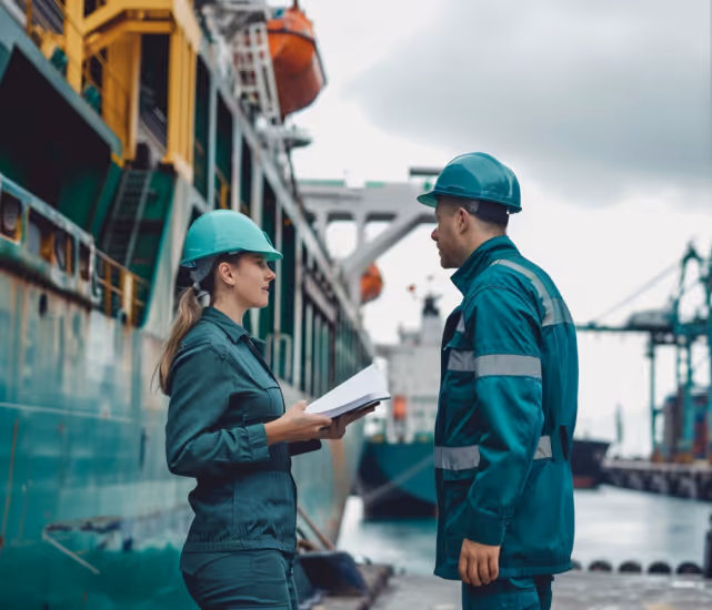 Two dock workers wearing teal safety helmets and uniforms talking beside a large cargo ship at the port.