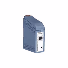 Blue industrial Ethernet device with one network port and ventilation slots.