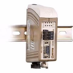 Industrial communication modem mounted on a metal DIN rail with RS232 and Ethernet ports.