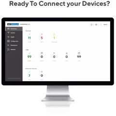 Computer monitor displaying a device connectivity dashboard with sections for devices, jobs, and network servers showing status counts.