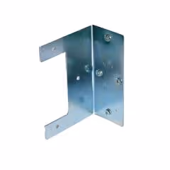 Metal L-shaped bracket with multiple screws and holes for mounting.