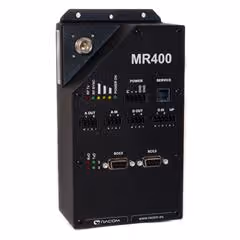 Black Racom MR400 radio communication device with indicator lights, switches, and dual serial ports.