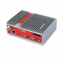 Gray industrial electronic device with red front panel featuring multiple ports including Ethernet and serial connectors.