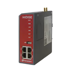 Racom MIDGE industrial communication device with multiple Ethernet ports and status indicator lights on a red front panel.