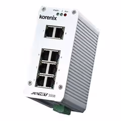 Korenix JetNet 3008 industrial Ethernet switch with eight ports and indicator lights.