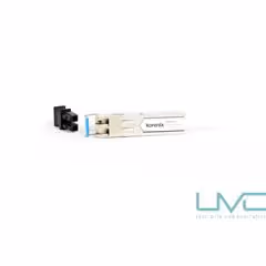 Korenix branded fiber optic transceiver module with accompanying black connector on white background.