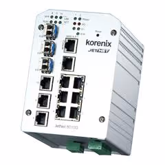 Korenix JetNet 5010 industrial Ethernet switch with multiple network ports and status LEDs.