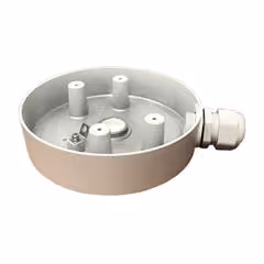 Round gray electrical junction box with conduit connector and mounting posts.