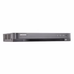 Hikvision DS-7204 security system digital video recorder in black with front panel buttons and disc slot.