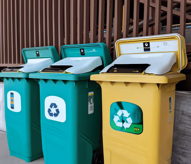 Three outdoor recycling bins in teal and yellow colors with recycling symbols, placed in front of a brown metal fence.