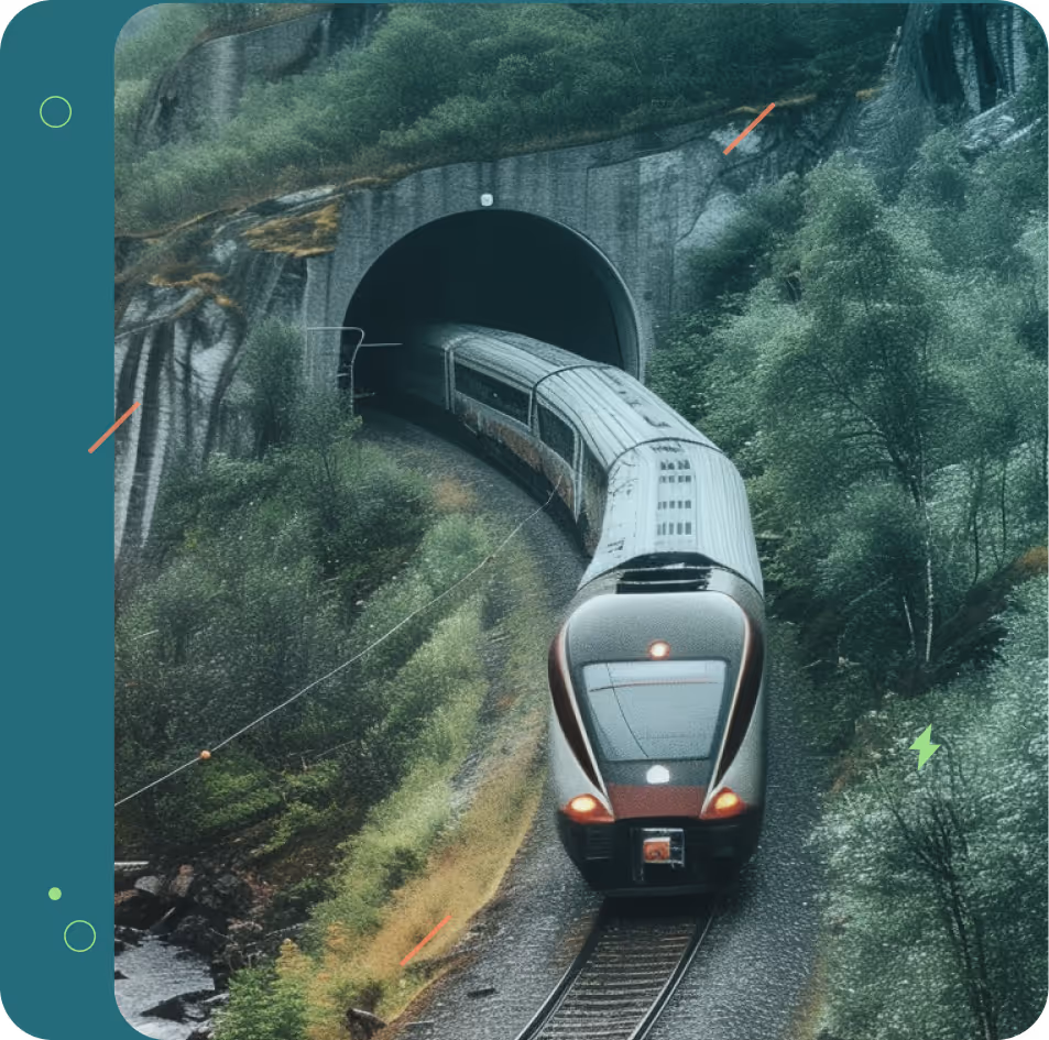 Modern passenger train entering a tunnel surrounded by green forest and rocky terrain.