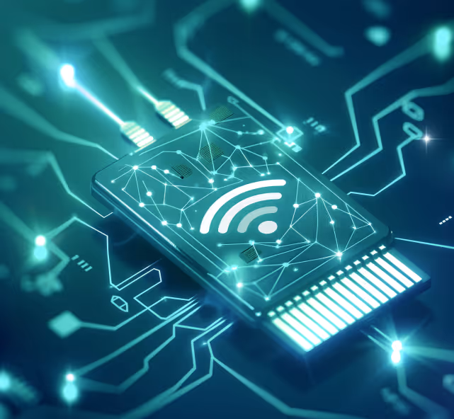 Close-up of a glowing microchip on a circuit board with a Wi-Fi signal symbol and connected network nodes.
