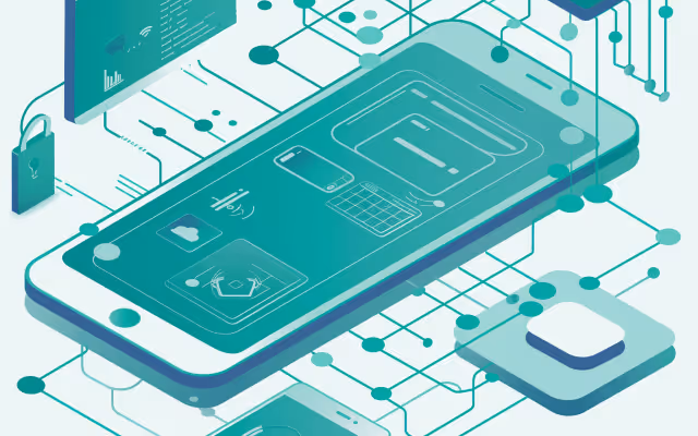 Illustration of a smartphone with digital interface elements connected by circuit-like lines to a padlock and other tech icons, symbolizing cybersecurity and mobile technology.