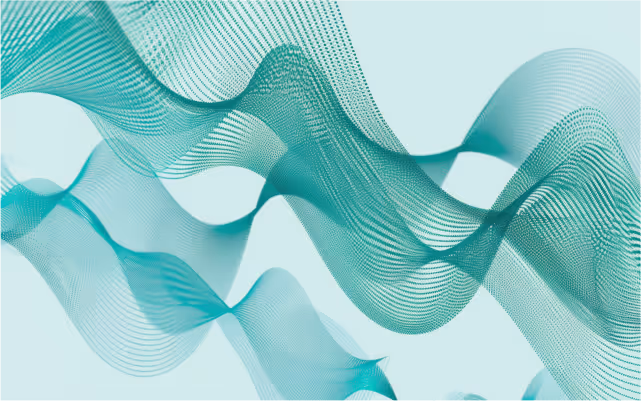 Abstract teal and turquoise flowing wave patterns on a light blue background.
