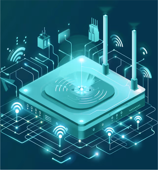 3D illustration of a modern wireless network router with antennas and digital connectivity visualization.