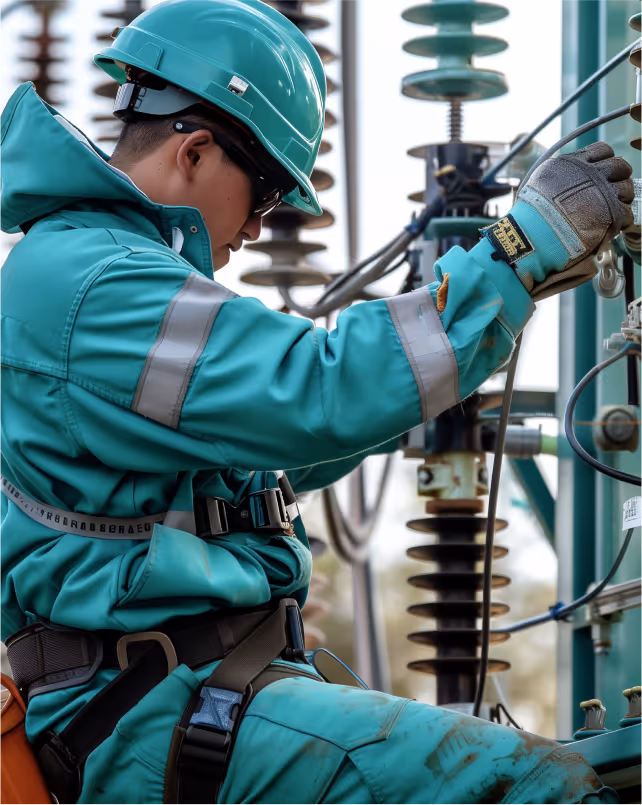 Electric utility worker wearing protective gear and helmet, inspecting electrical equipment at a substation.