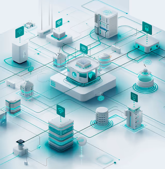 3D illustration of interconnected futuristic servers and devices linked by glowing lines representing a digital network.