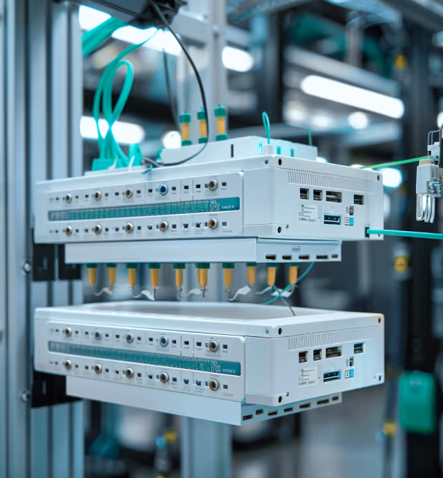 Two stacked white electronic devices with multiple cable connections in a data center rack environment.