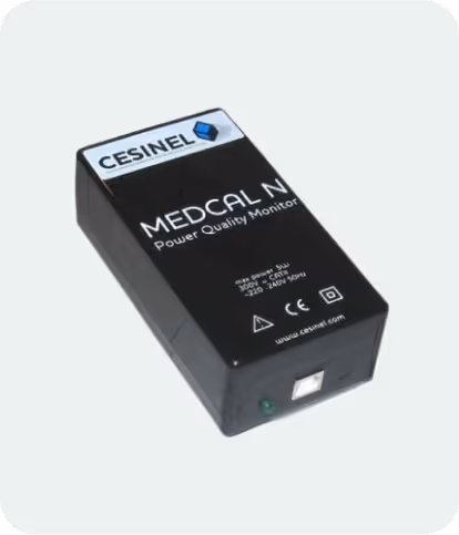 Black CESINEL Medcal N power quality monitor device with a USB port and indicator light.