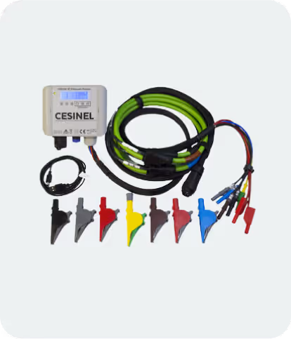 CESINEL device with a coiled black and green cable, a USB cable, and eight colored alligator clips.
