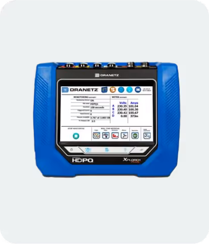Blue Oranetz HDPQ Xplorer power quality analyzer with digital display showing voltage and amperage readings.