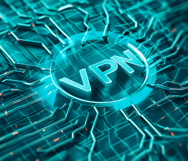 Close-up of a glowing turquoise circuit board with a central chip labeled 'VPN'.