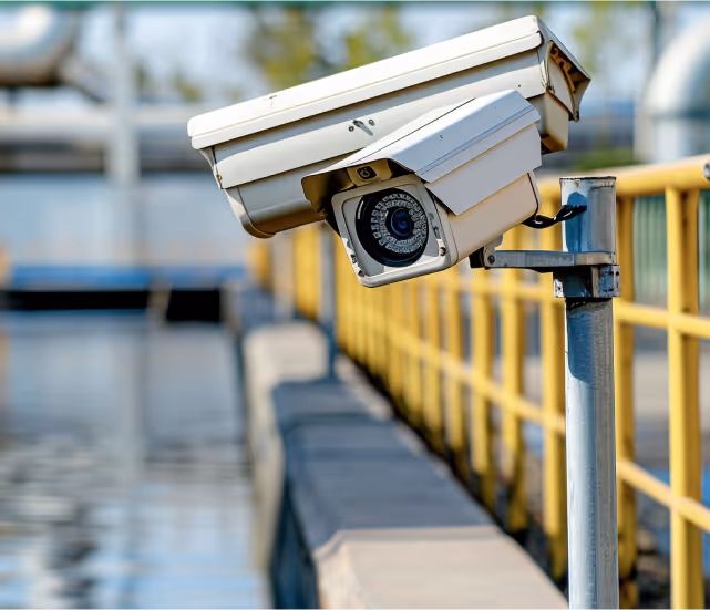 Close-up of a beige outdoor security camera mounted on a metal pole with a yellow railing in the background.