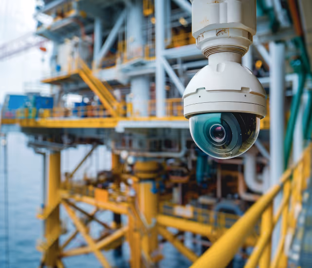 Close-up of a security camera mounted on a yellow industrial offshore oil rig platform.