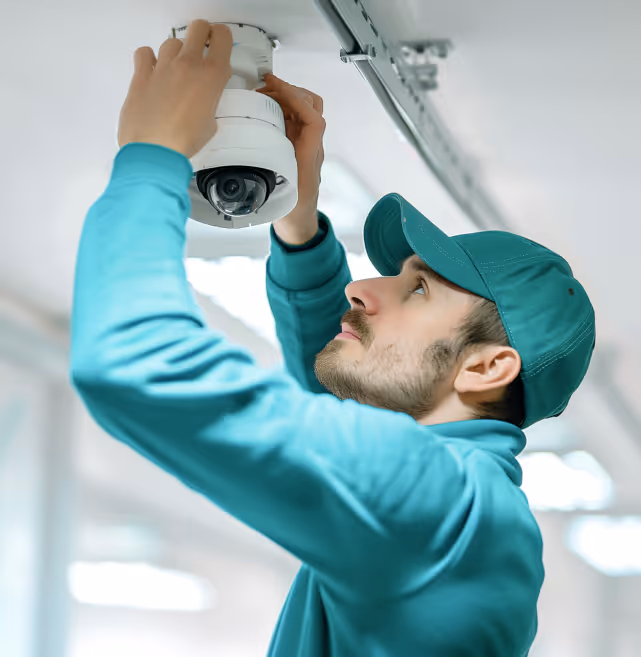 Technician in teal uniform and cap installing or adjusting a white security camera on a ceiling.