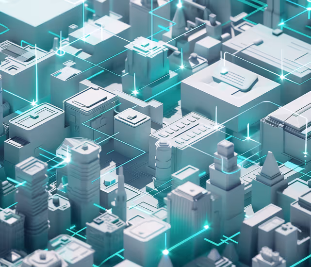 3D digital cityscape with interconnected glowing lines representing a futuristic smart technology network.