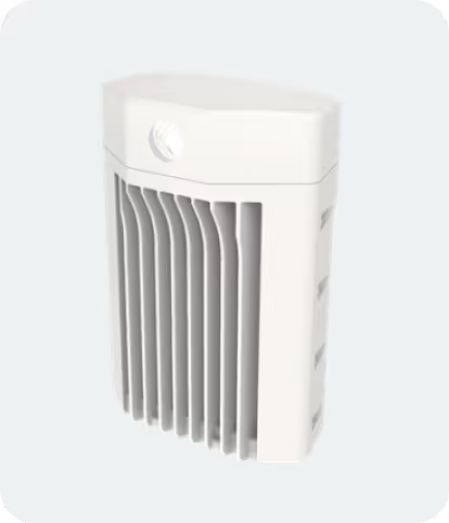 White rectangular electronic device with vertical vents and a circular port on top front side.