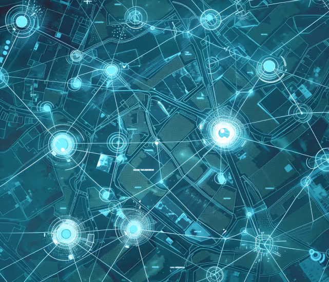 Abstract digital network map with glowing nodes and interconnected lines over a city grid background.