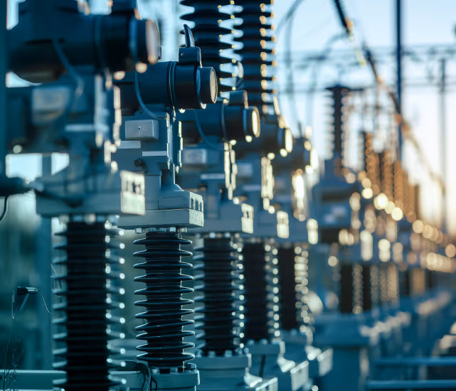 Close-up of multiple electrical insulators and equipment lined up at a power substation at sunset.