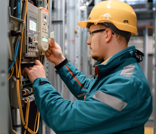 Technician wearing a yellow hard hat and green jacket inspecting an electrical panel with digital meters and wiring.
