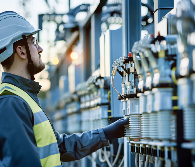 Engineer in safety gear inspecting electrical equipment in an industrial setting at dusk.