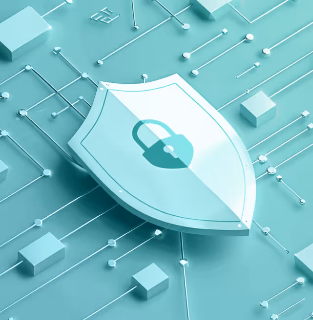 3D shield with a padlock icon on a connected digital network background representing cybersecurity.