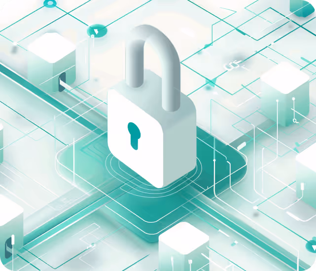3D illustration of a white padlock over a digital circuit board representing cybersecurity and data protection.