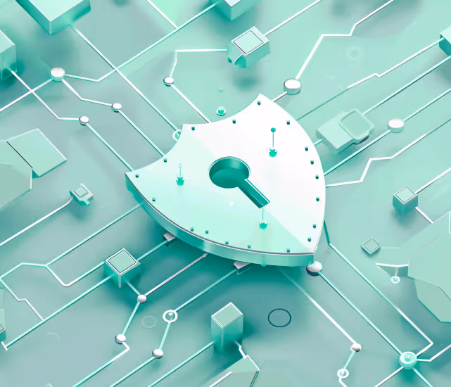 3D illustration of a shield with a keyhole symbol, representing cybersecurity on a digital network background.