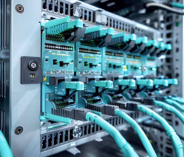 Close-up view of green network cables plugged into ports on a server rack.
