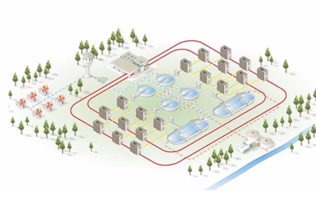 Illustration of a water treatment plant with tanks, buildings, a water tower, and pipeline connections surrounded by trees and a small river.