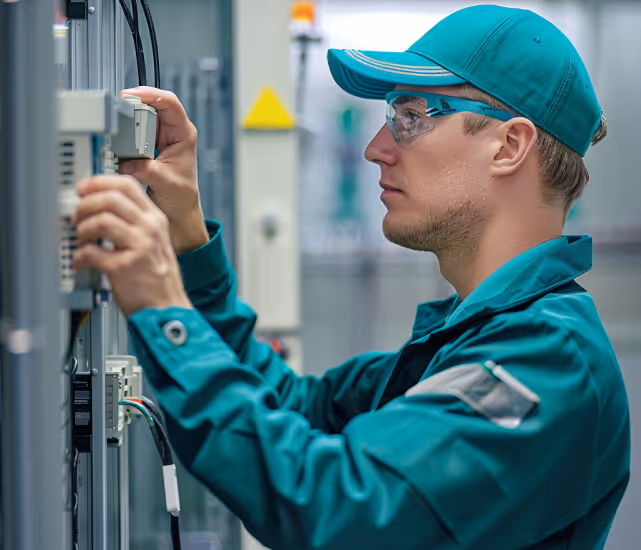 Technician in green uniform and safety glasses working on electrical control panel.