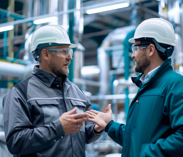 Two industrial workers wearing safety helmets and glasses discussing inside a factory.