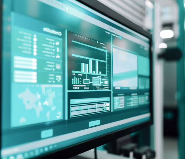 Close-up of a computer screen showing various data visualizations and charts in a tech setting.