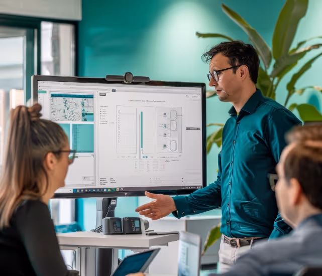Man explaining data charts on a large monitor to two seated colleagues in a modern office.