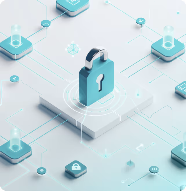 3D illustration of a central padlock icon on a platform connected to various smaller icons representing digital security and network.